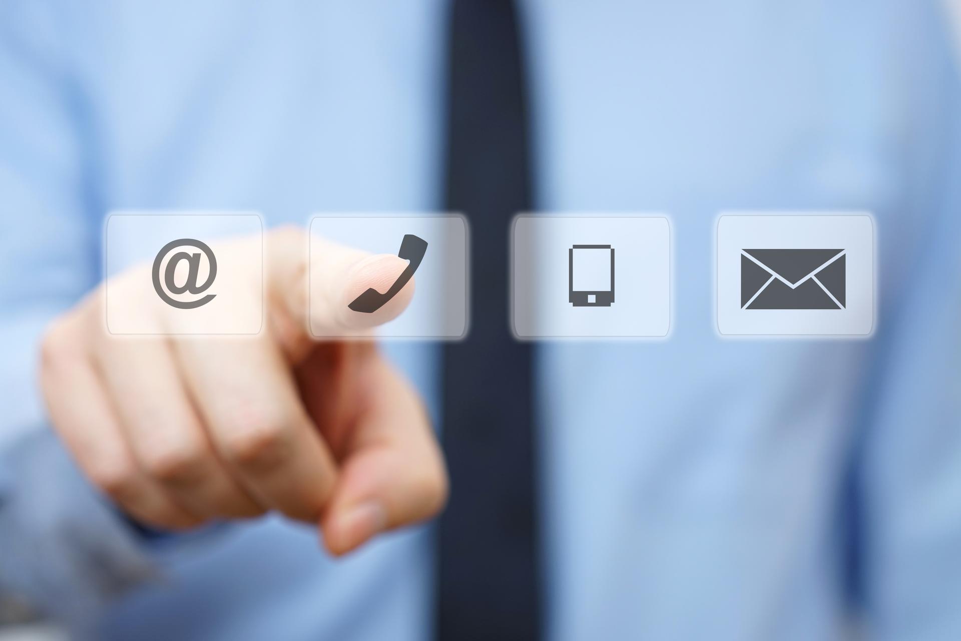 businessman pressing phone button, company identification icons